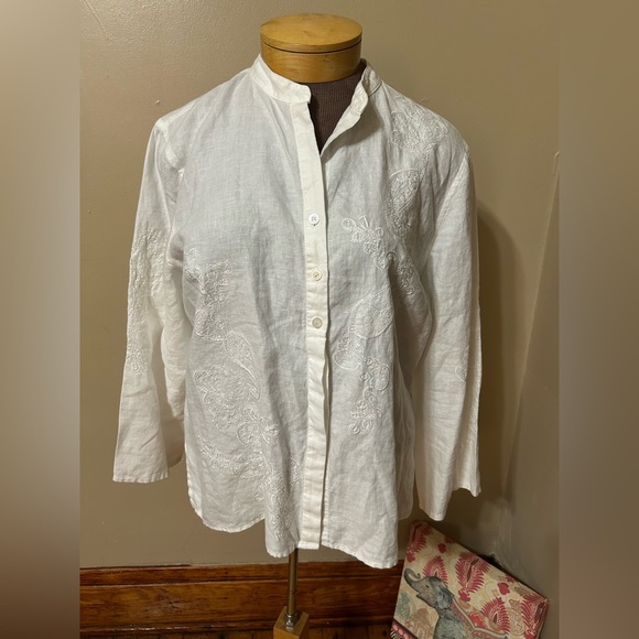 Liz Claiborne XL Linen Feminine Romantic Floral Embroidered Floral White Shirt - Picture 1 of 11